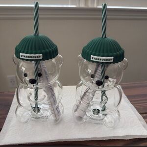 Starbucks Bearista Bear Reusable Cups SET OF 2 – 20 oz Clear w/ Green Lid
